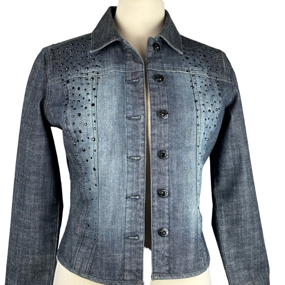 Chico’s Platinum Black Denim Distressed Jacket Black Rhinestones Size Small NEW